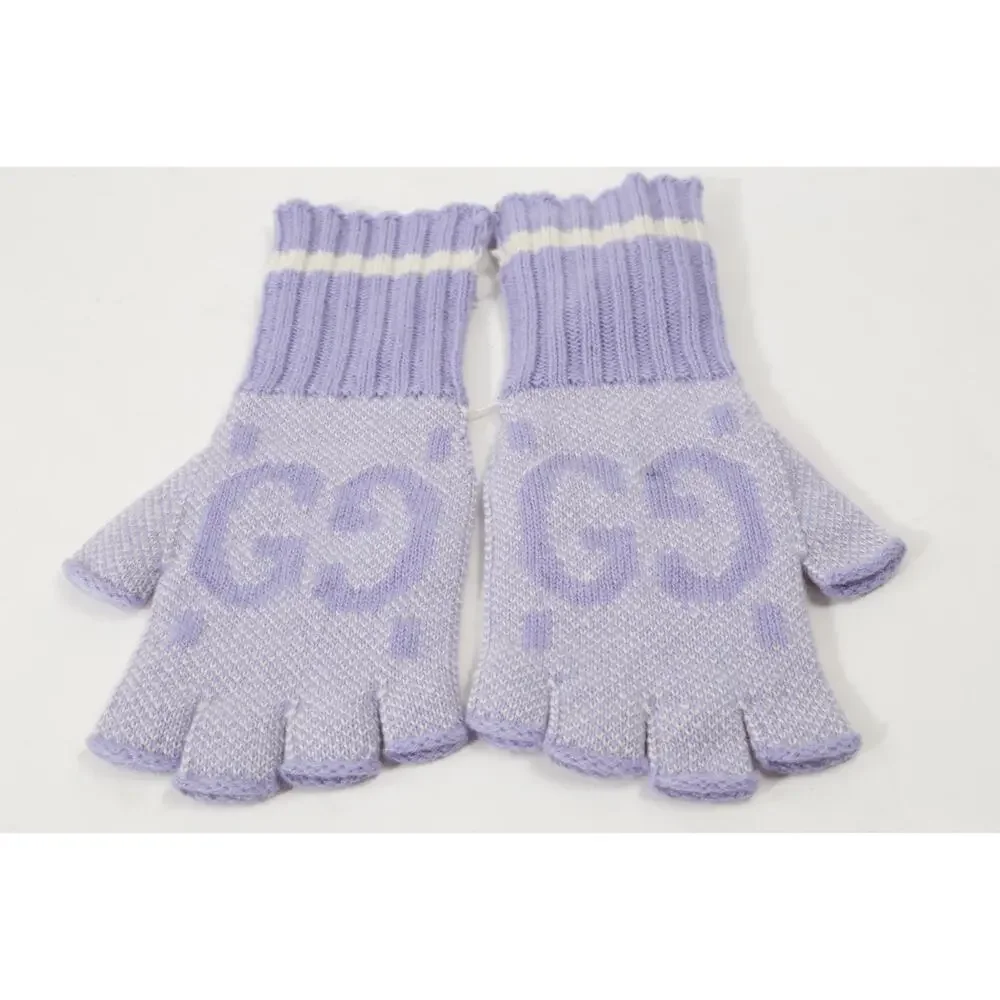 Gucci GG Knit Cashmere Fingerless Gloves Lilac Lavender Purple Size M 210/100